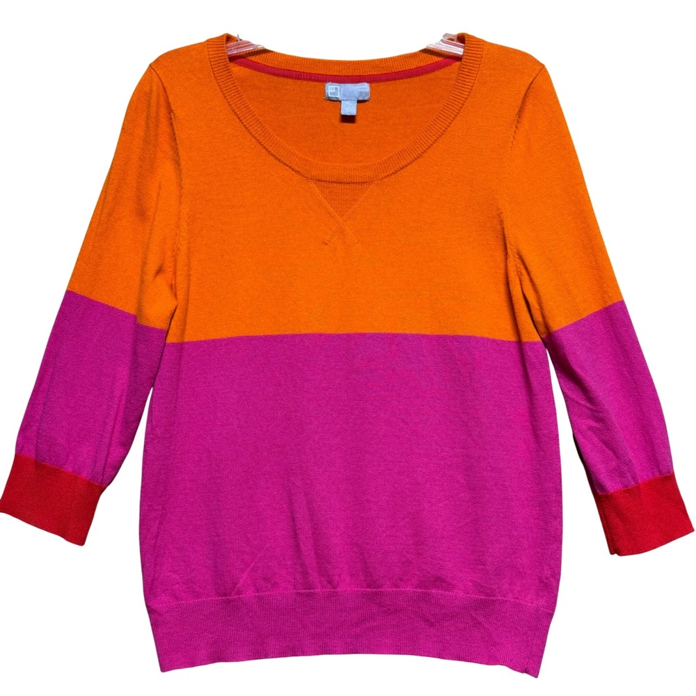 JCP Womens XL Cashmere Blend Colorblock Sweater Orange Fuchsia‎ 3/4 Sleeve